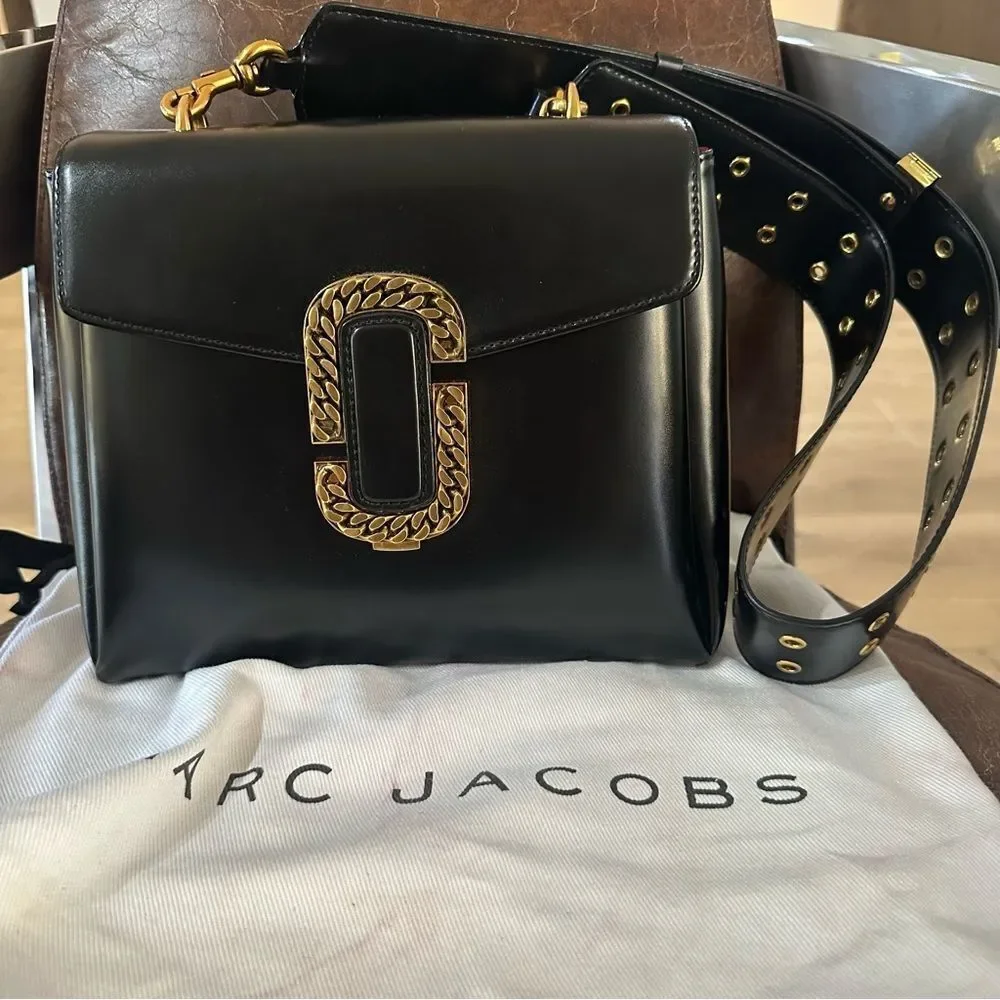 NEW Marc Jacobs Black  Polished Leather Double J St Marc Satchel Crossbody